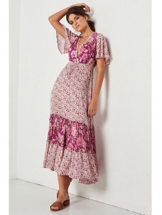 Girls V-Neck Pink Flower Print Maxi Casual Dress