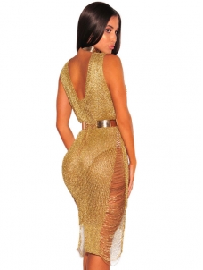 Golden V-Neck Sleeveless Knit Clubwear Dress