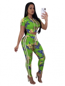 Green Print Floral 2 Piece Set Women Short Crop Tops and Pants