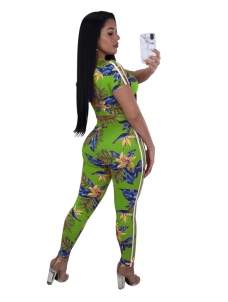 Green Print Floral 2 Piece Set Women Short Crop Tops and Pants