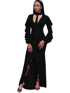 Long Sleeve Slit Front Ruffle Black Maxi Dress