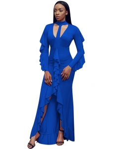 Long Sleeve Slit Front Ruffle Blue  Dress