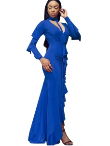 Long Sleeve Slit Front Ruffle Blue  Dress