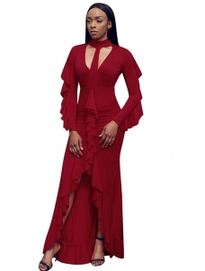 Long Sleeve Slit Front Ruffle Red Maxi Dress