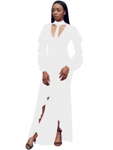 Long Sleeve Slit Front Ruffle White Maxi Dress