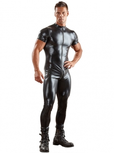 Mens Black Short Sleeve Leather Jumpsuit Bodysuit Clubwear 