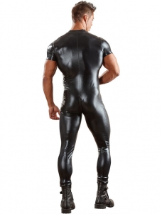 Mens Black Short Sleeve Leather Jumpsuit Bodysuit Clubwear 