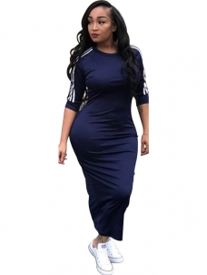 Navy blue Sports Stripe Long Sleeve Maxi Dress