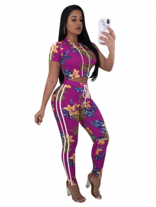 Purple Print Floral 2 Piece Set Women Short Crop Tops and Pants