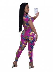 Purple Print Floral 2 Piece Set Women Short Crop Tops and Pants