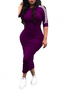 Purple Sports Stripe Long Sleeve Maxi Dress