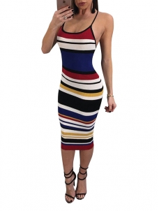 Sexy Stripe Backless Sleeveless Strappy Midi Dresses Multiple Color