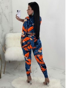 Sexy V-neck Floral Printed Women Jumpsuit With Bandage Dark Blue