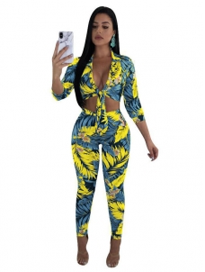 Sexy V-neck Floral Printed Women Jumpsuit With Bandage Light Blue