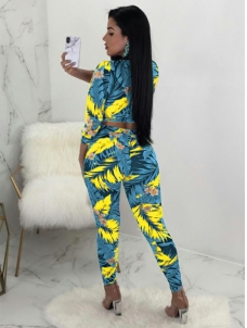 Sexy V-neck Floral Printed Women Jumpsuit With Bandage Light Blue