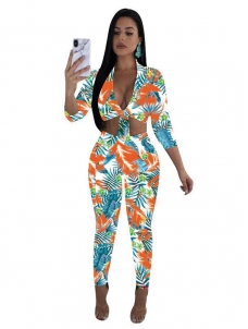 Sexy V-neck Floral Printed Women Jumpsuit With Bandage red 