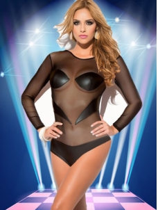 Summer Black Long Sleeve Mesh Hollow Out Backless Bodysuit