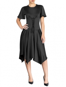 Women Black Summer Casual Flowy Irregular Midi Dress