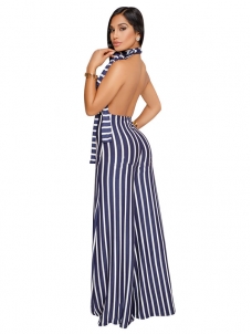 Women Blue Sexy Halter Strap Stripe  Backless Sleeveless  Jumpsuits Rompers