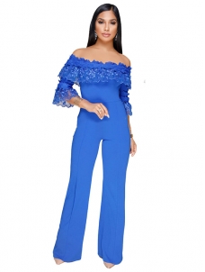 Women Blue Sexy Off Shoulder High Waist Jumpsuit Romper