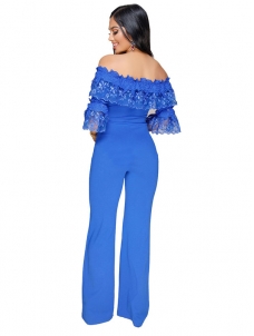 Women Blue Sexy Off Shoulder High Waist Jumpsuit Romper