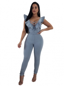 Women S-XL V Neck High Waisted Jean Sexy Jumpsuits