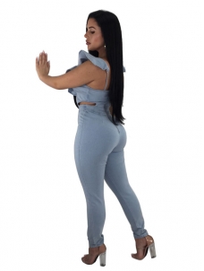 Women S-XL V Neck High Waisted Jean Sexy Jumpsuits