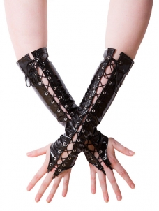 Women Sexy Black PVC Leather Lace up Clubwear Gloves