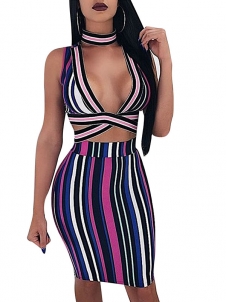 Women Sexy Deep V-Neck Two Piece Suits Multiple Color