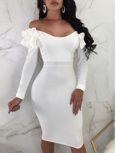 Women White Sexy Off Shoulder Long Sleeve Midi Dresses