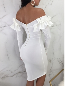 Women White Sexy Off Shoulder Long Sleeve Midi Dresses