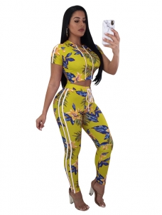 Yellow Print Floral 2 Piece Set Women Short Crop Tops and Pants