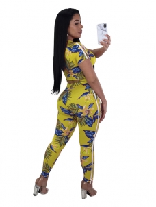 Yellow Print Floral 2 Piece Set Women Short Crop Tops and Pants