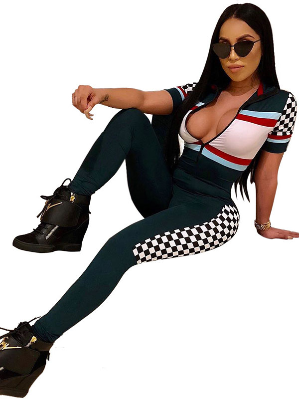 2018 Women Sport Style Front Zipper Short Sleeve Skinny Jumpsuit Green