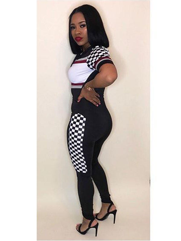 2018 Women Sport Style Front Zipper Short Sleeve Skinny Jumpsuit Black