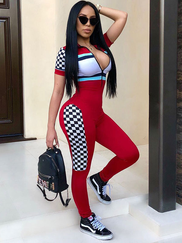 2018 Women Sport Style Front Zipper Short Sleeve Skinny Jumpsuit Red