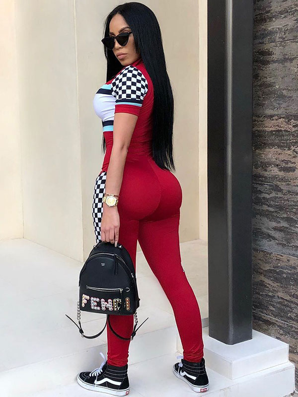 2018 Women Sport Style Front Zipper Short Sleeve Skinny Jumpsuit Red