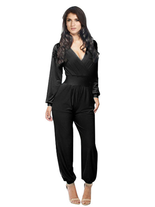 Black One Piece Jumpsuit Wide Leg V-Neck Long Sleeve Suit