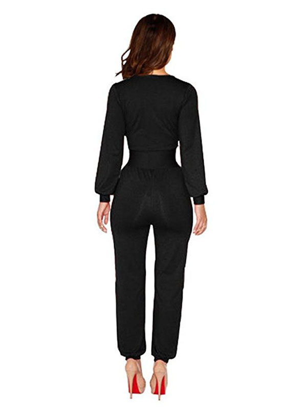 Black One Piece Jumpsuit Wide Leg V-Neck Long Sleeve Suit
