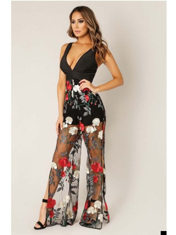 Black Sleeveless Bandage Top Sheer Bottom Floral Print Jumpsuit 