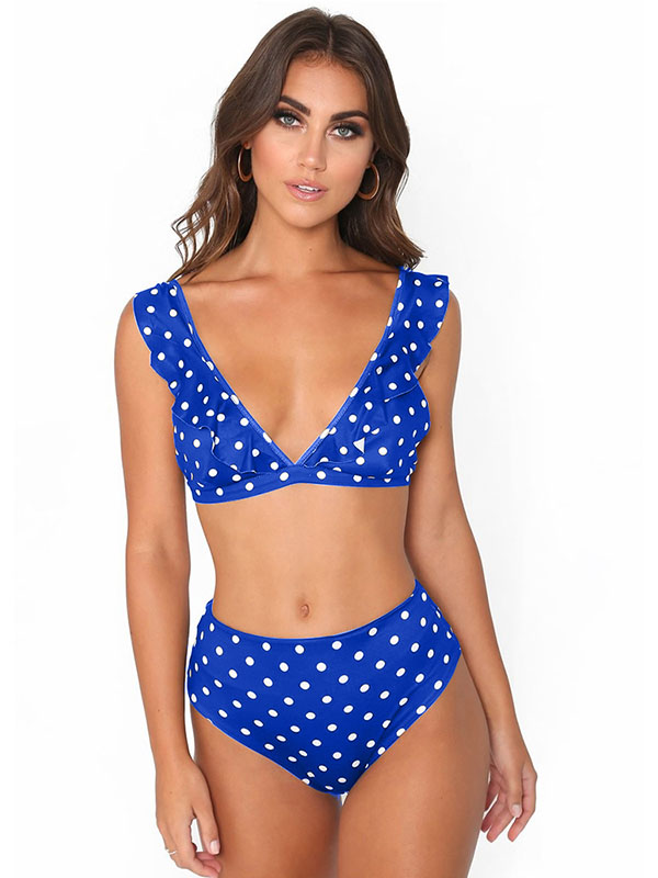 Blue V-Neck Swimwear Dot Print High Waist Bikini Set 