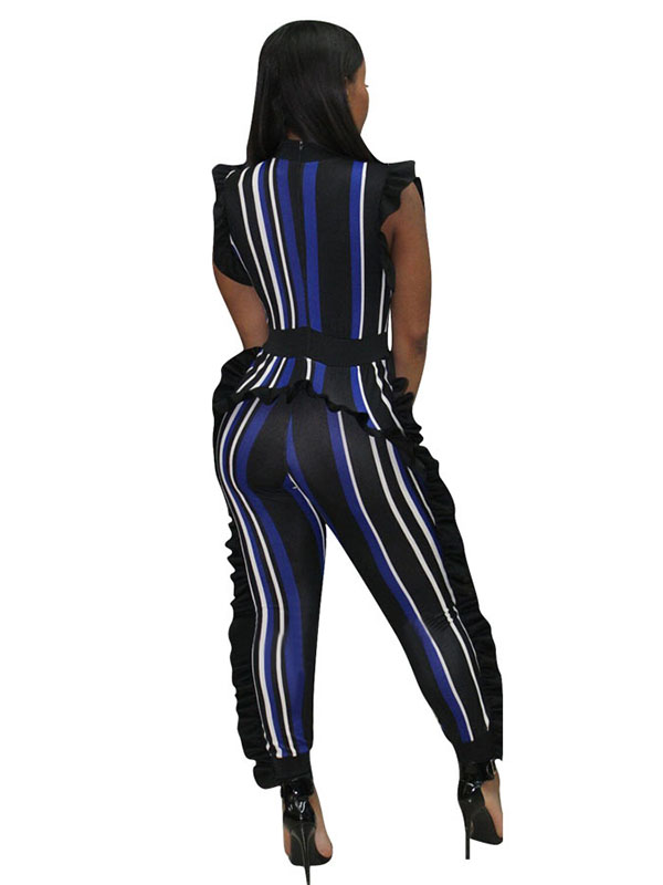 Dark Blue Sleeveless Ruffle Side Striped Jumpsuit Women