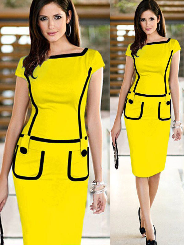 Elegant Women Tight Short Sleeve Midi Dress Yellow 