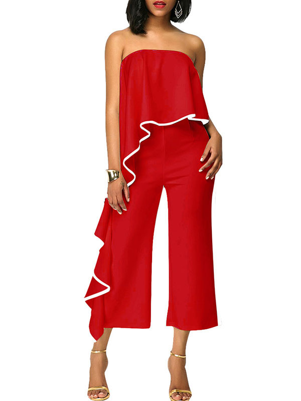 Fashion Flouncing Off The Shoulder Zip Jumpsuit Red
