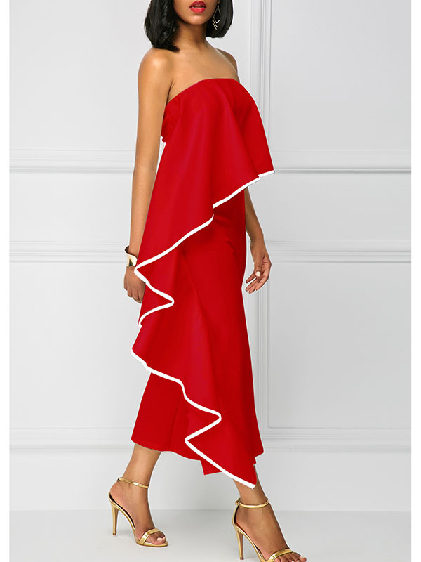 Fashion Flouncing Off The Shoulder Zip Jumpsuit Red