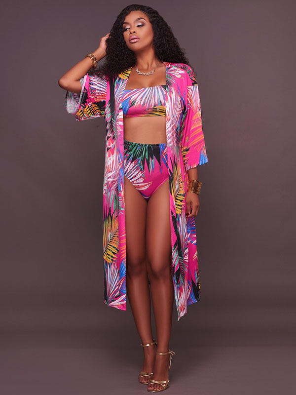 Floral Print Bandeau Short Sleeve High Waist Bikini Swimsuit