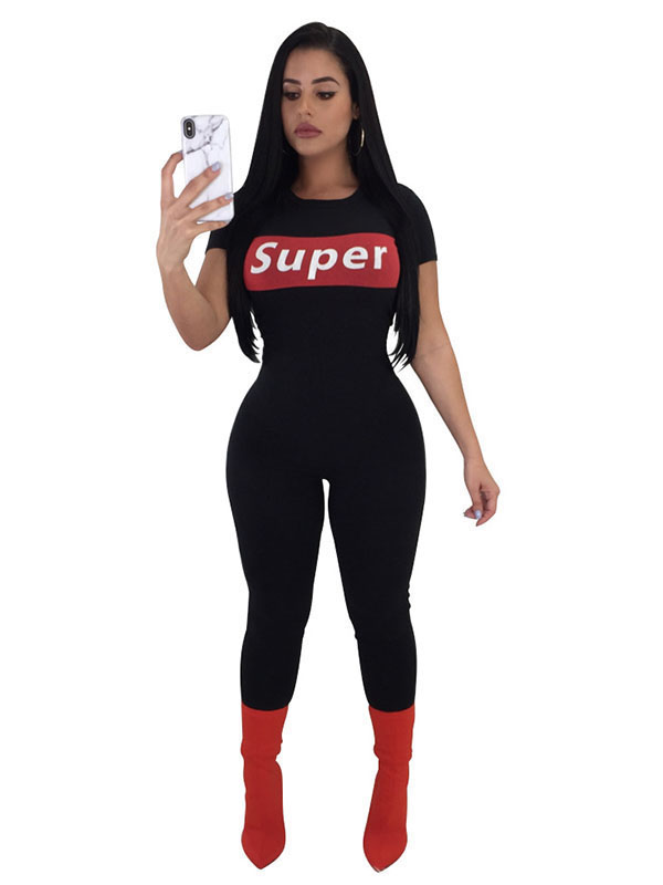 Front Letter Print Solid Short Sleeve Jumpsuit Black