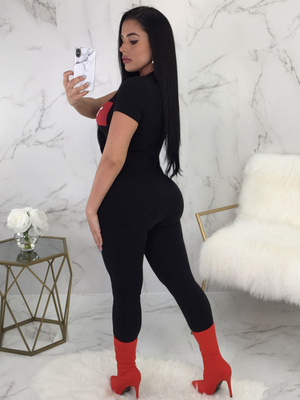 Front Letter Print Solid Short Sleeve Jumpsuit Black