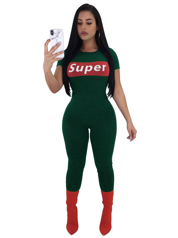 Front Letter Print Solid Short Sleeve Jumpsuit Green