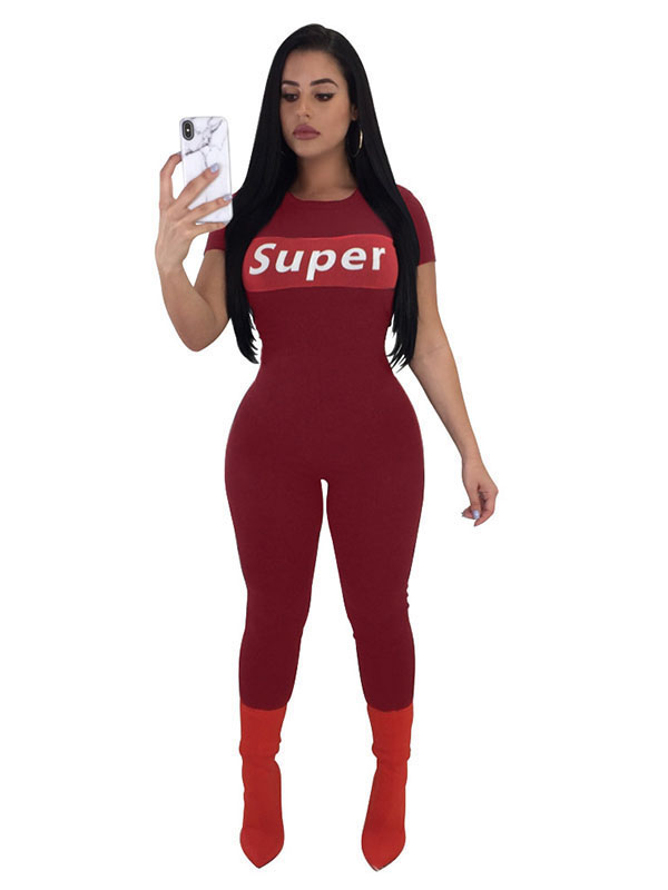 Front Letter Print Solid Short Sleeve Jumpsuit Red